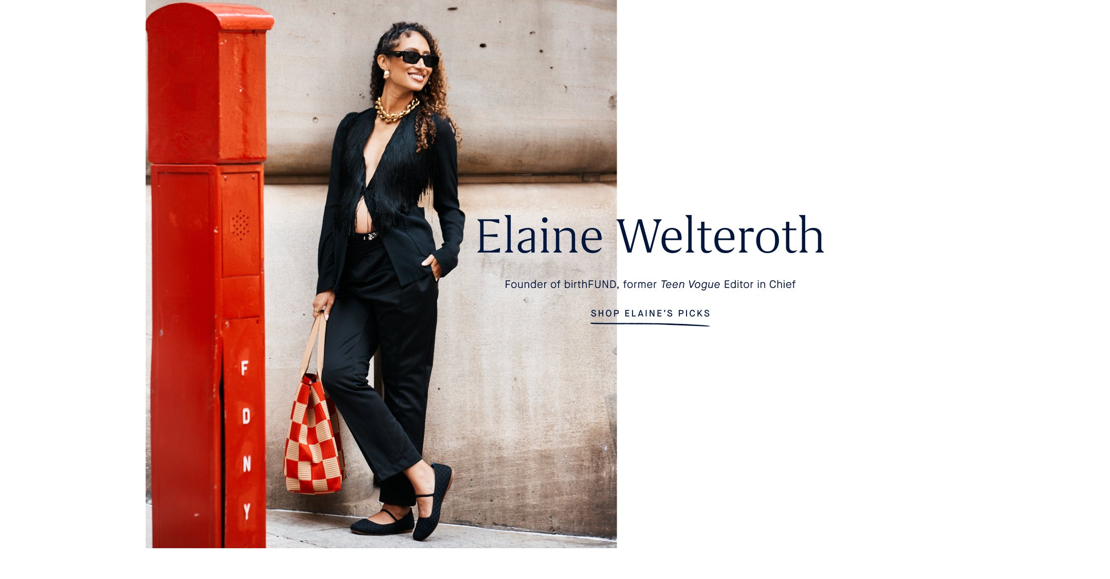 An image of Elaine Welteroth wearing The Max Square Mary Jane in Black and The Lightweight Tote in Checker Red, with copy overlay that reads "Elaine Welteroth | Founder of birthFUND, former Teen Vogue Editor in Chief | SHOP ELAINE'S PICKS"